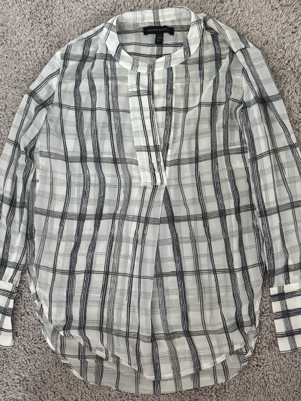 Banana Republic White and Gray Plaid Collarless Button-Down Top